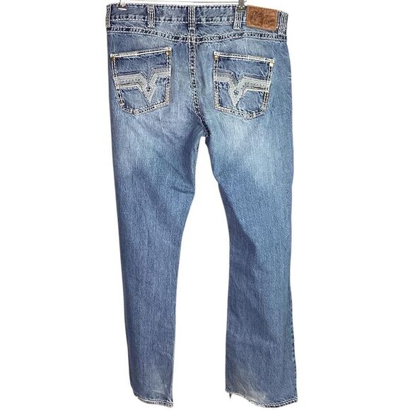 Wrangler Rock 47 Jeans Men 40X34 Blue Western Embroidery Bootcut Frayed Creased - Picture 5 of 10